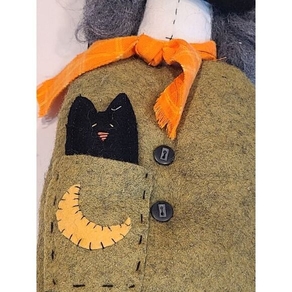 Folk Art Hanging Spooky Witch w Cat Felt Fabric Halloween Décor Primitive EUC - Picture 6 of 10